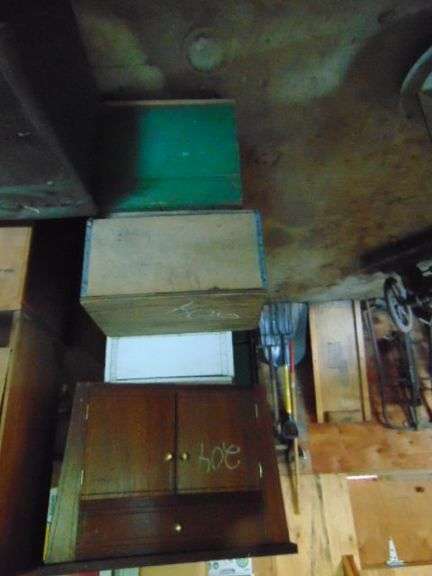 WOOD CHEST AND TRUNK W CONTENTS