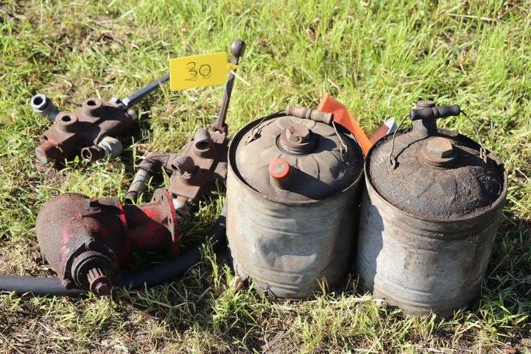 GAS CANS, FUNNELS, HYDRAULIC CONTROLS, BELT PULLY ATTACHMENT FOR A OR B FARMALL
