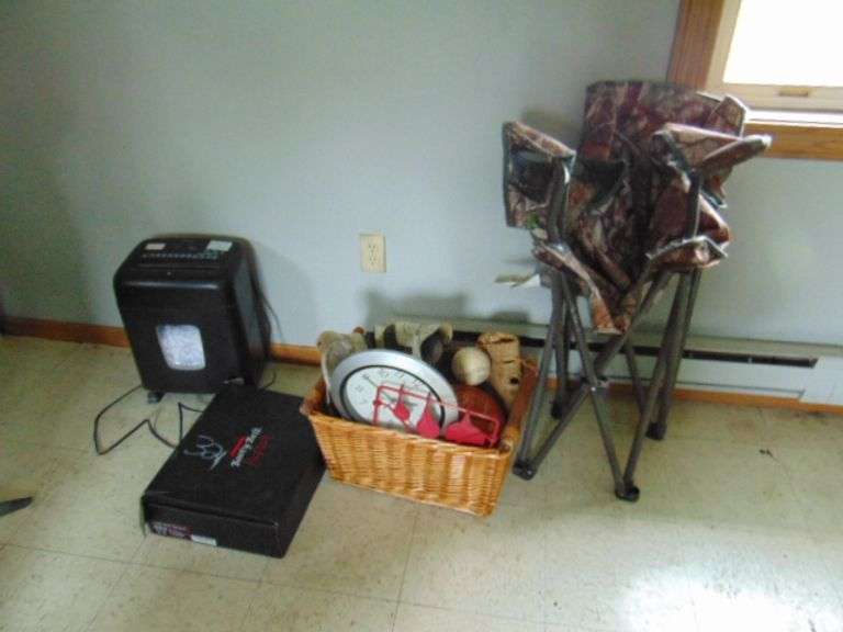 PAPER SHREDDER, BOOTY BELT, HOCKEY SKATES. CAMP CHAIR, CLOCK, BASEBALL GLOVES