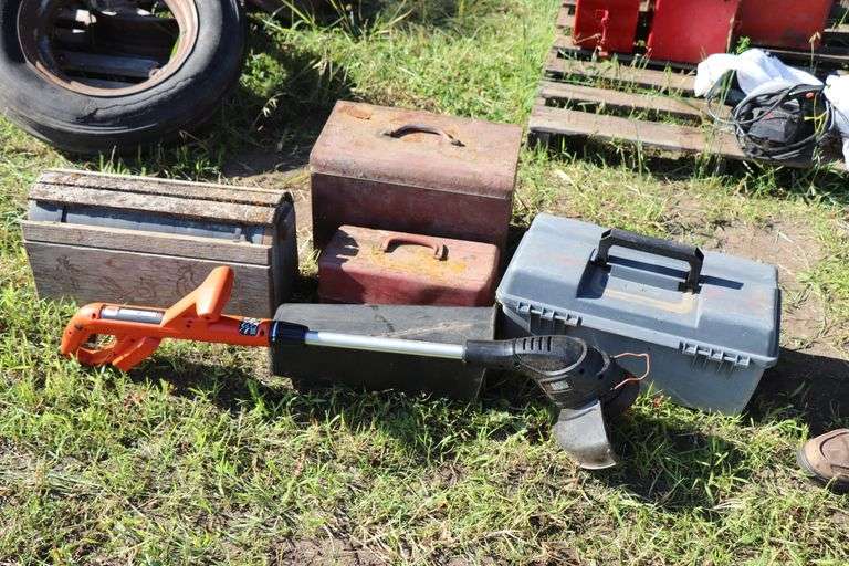 ASSORTED TOOL BOXES, BLACK & DECKER WEED TRIMMER (NEEDS BATTERY)