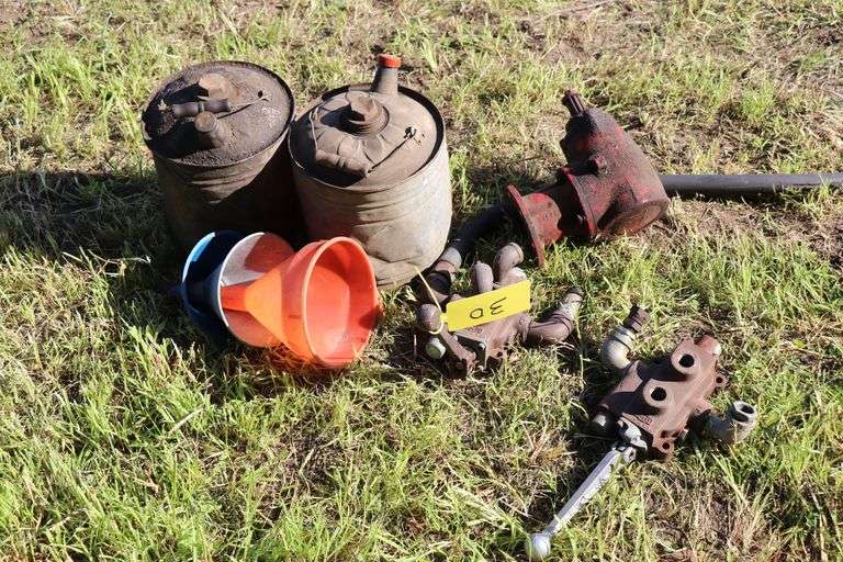 GAS CANS, FUNNELS, HYDRAULIC CONTROLS, BELT PULLY ATTACHMENT FOR A OR B FARMALL