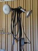 OIL CAN, FLUIDS, AND 2 BULB SHOP LIGHT