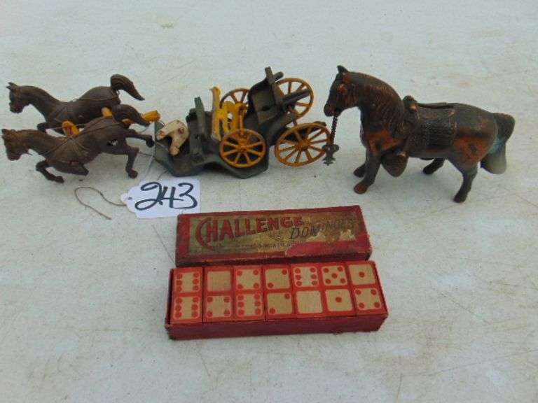 CAST IRON HORSES, WAGON, HORSE BANK W KEY Ziemer Hilbrands Auctions