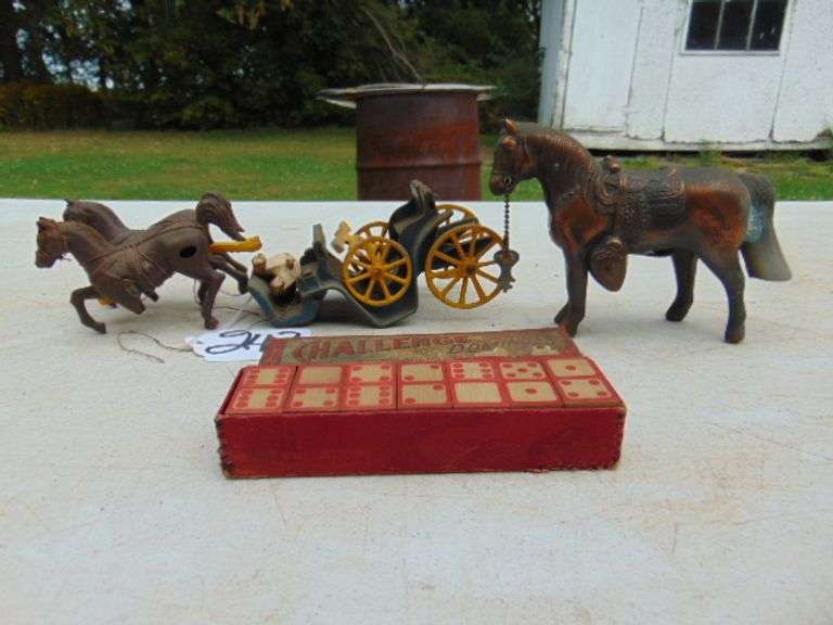 CAST IRON HORSES, WAGON, HORSE BANK W KEY Ziemer Hilbrands Auctions