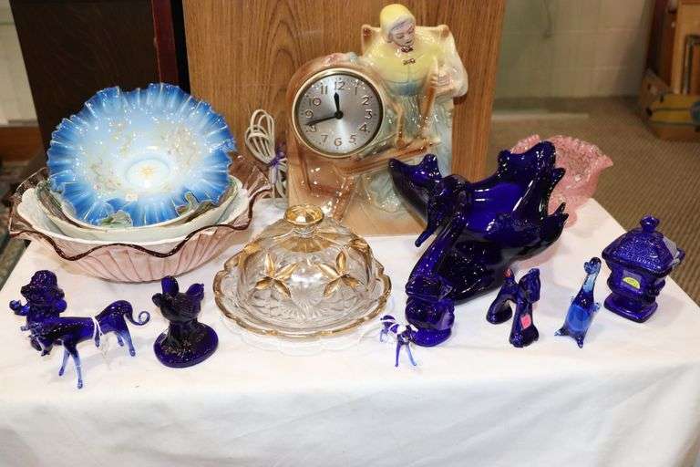 ASSORTED GLASS DÉCOR BOWLS, ELECTRIC CLOCK, BUTTER DISH, COBALT BLUE FIGURINES
