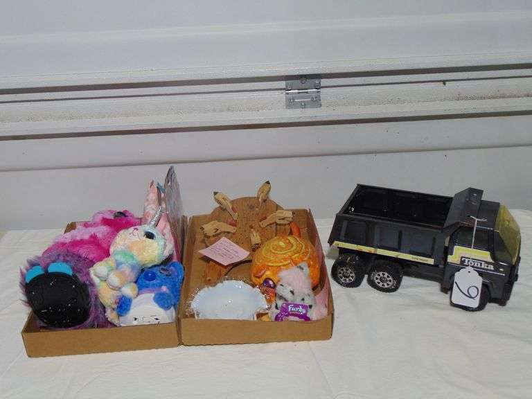 TONKA GVW DUMP TRUCK, VINTAGE WOODEN PADDLE, FURBY, AND HATCHIMALS