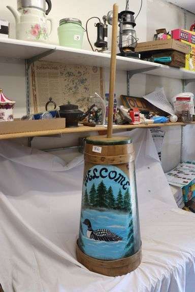 LOON PAINTED WOOD BUTTER CHURN
