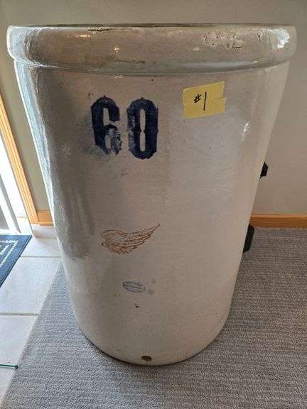 REDWING 60GAL CROCK WITH SPIGOT HOLE AND SPIGOT (HAS CRACKS)