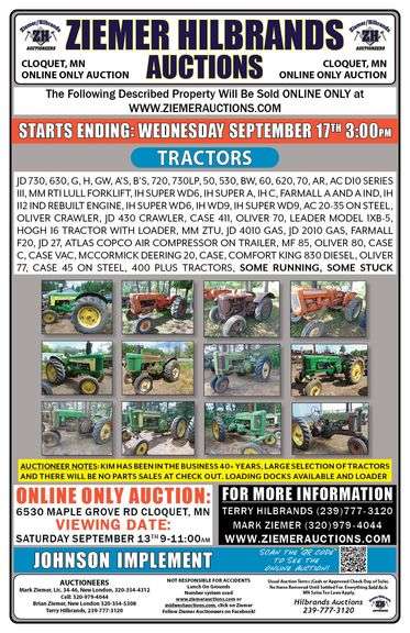 JOHNSON IMPLEMENT, KIM JOHNSON OWNER, CLOQUET MN, ONLINE ONLY, APPROXIMATELY 500 COLLECTOR TRACTORS
