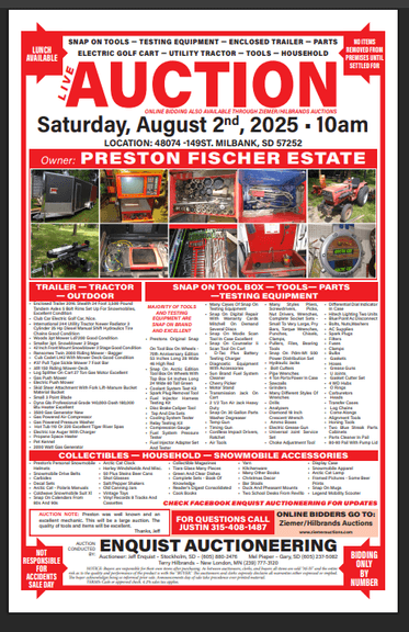 PRESTON FISCHER ESTATE, MILBANK SD, LIVE & ONLINE, CONDUCTED BY ENQUIST AUCTIONEERING