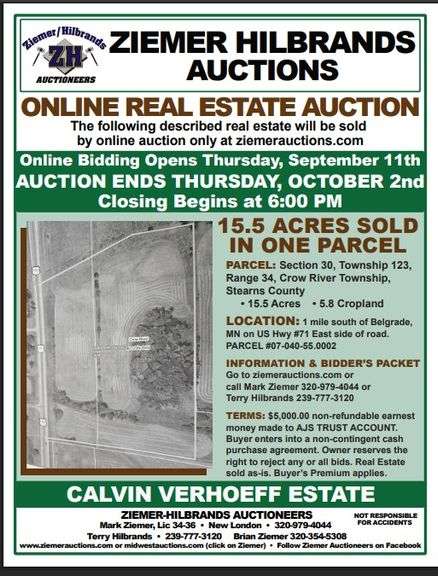 CALVIN VERHOEFF ESTATE, BELGRADE MN, 15.5 ACRES REAL ESTATE ONLINE ONLY