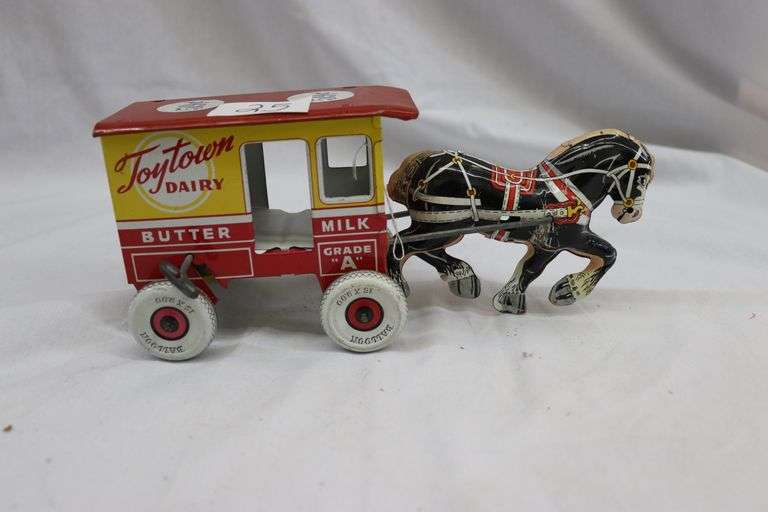 MARX HORSE & DAIRY WAGON, WIND UP TIN TOY WITH KEY