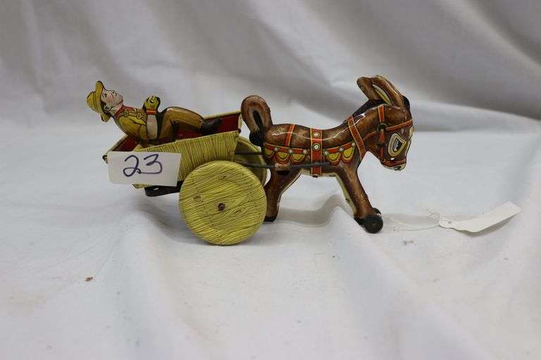 DONKEY CART, WIND UP TIN TOY WITH KEY