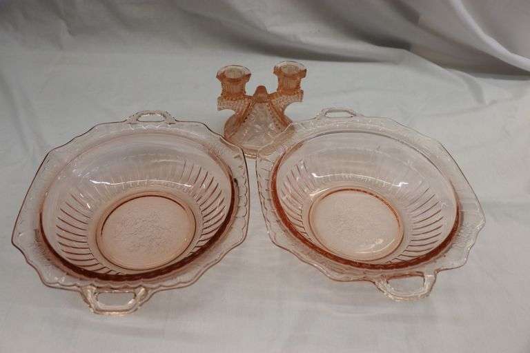PINK ASSORTED DEPRESSION GLASS & CANDLE STICK HOLDER