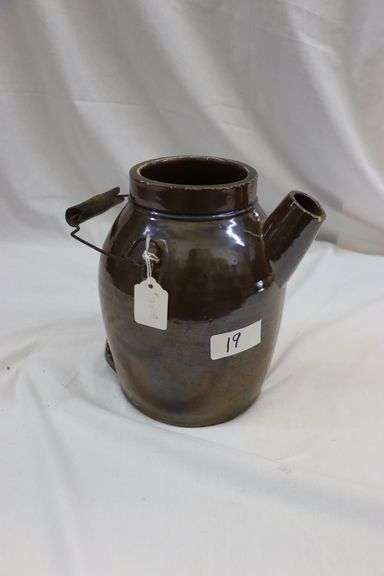 BROWN CROCK JUG WITH SPOUT & HANDLE