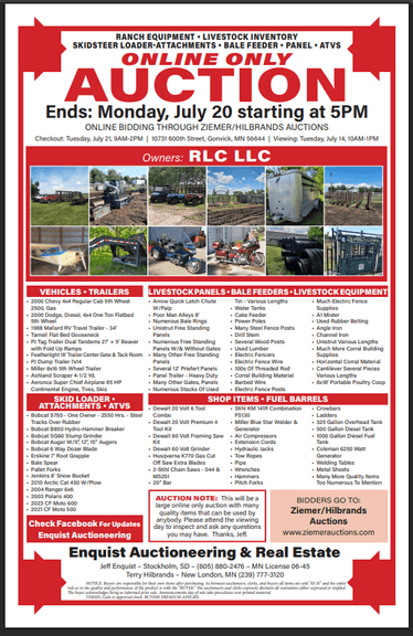 RLC LLC RANCH EQUIPMENT AUCTION, GONVICK MN, ONLINE ONLY
