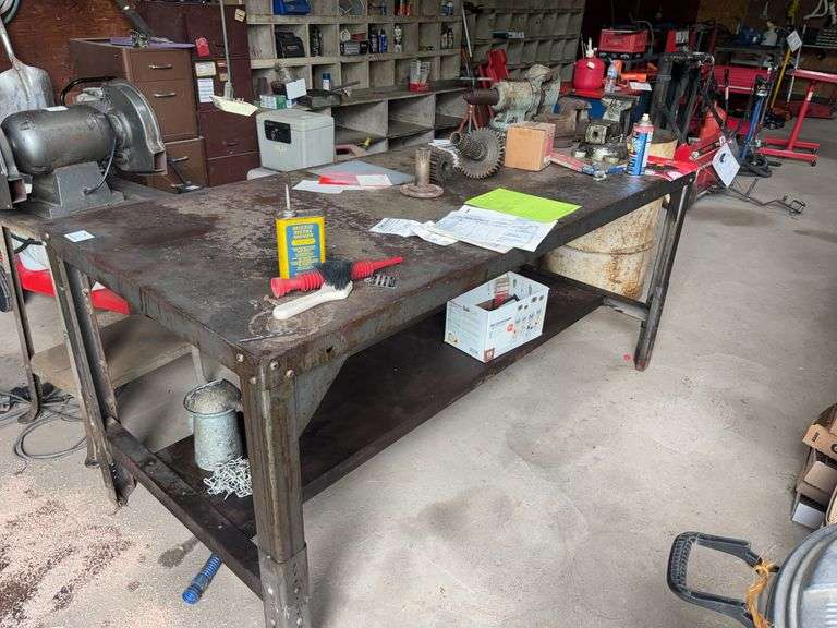STEEL SHOP TABLE 7FT, 3FT, 3FT. WITH 5” BENCH VICE.