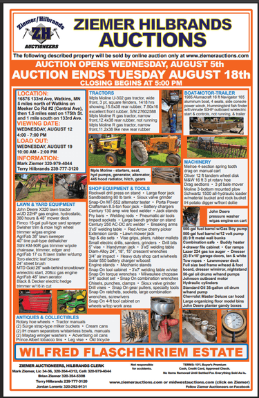 WILFRED FLASCHENRIEM ESTATE, WATKINS MN, ONLINE ONLY