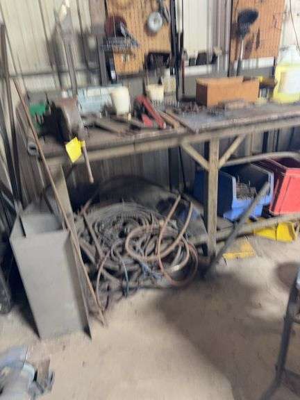 Shop bench with vise and contents, crescent, wrench pipe, wrench chain, wrench, rubber, hammers, drill, bits, pegboard, hangers 30“ x 6‘