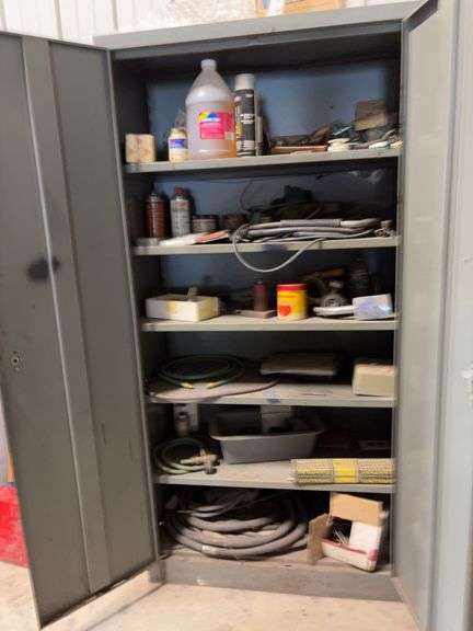 Metal two door cabinet 6 foot high 36 inch width  with content torch hose, welding, rods 