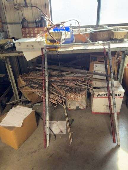 Shop bench steel 30“ x 6‘ with contents, bolt organizer powder, coat hanger racks and hangers two boxes of powder, coat, grey brown, and pearl white 